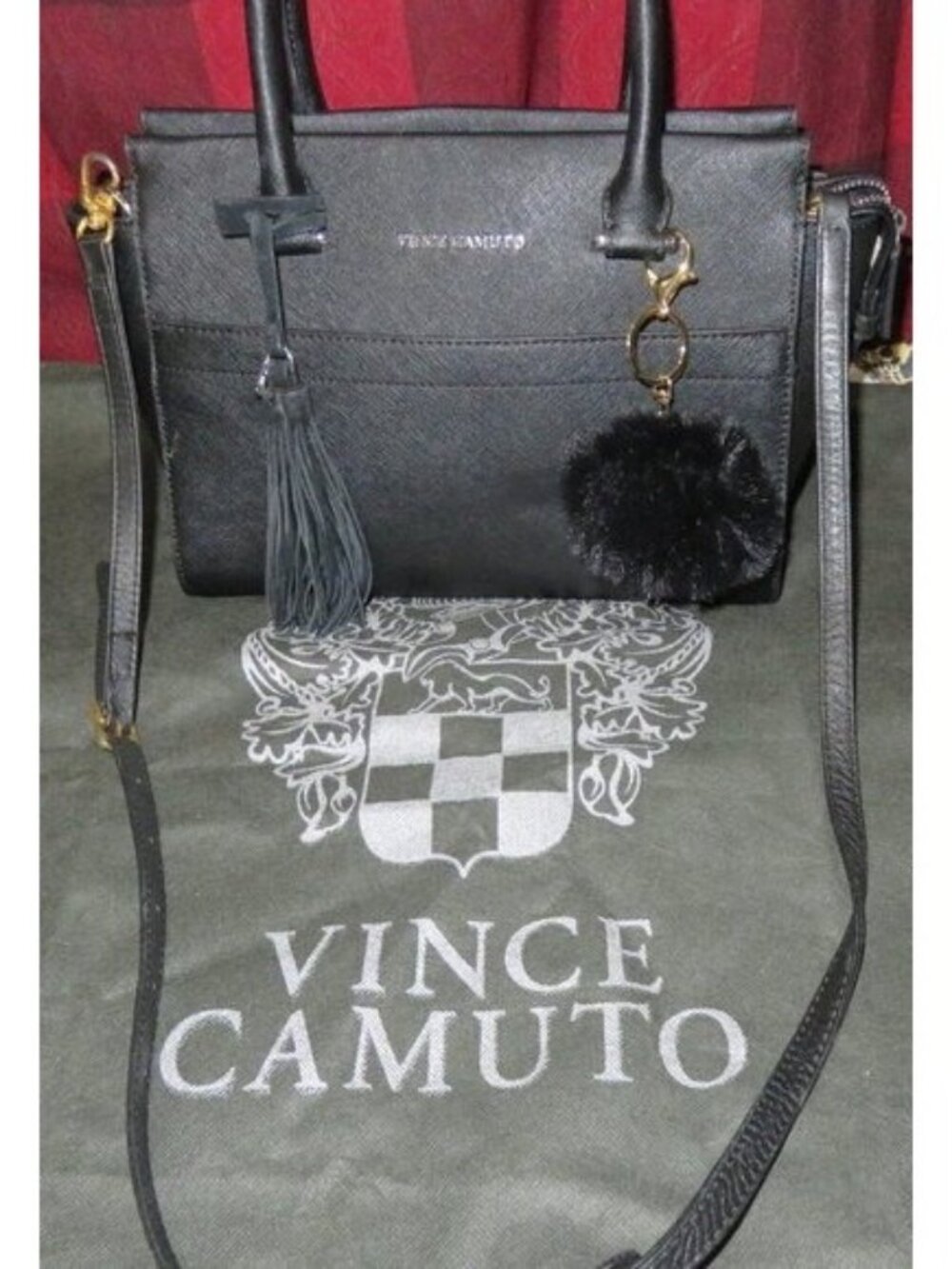 Vince Camuto Black Italian Leather Tote Handbag Crossbody with original charm